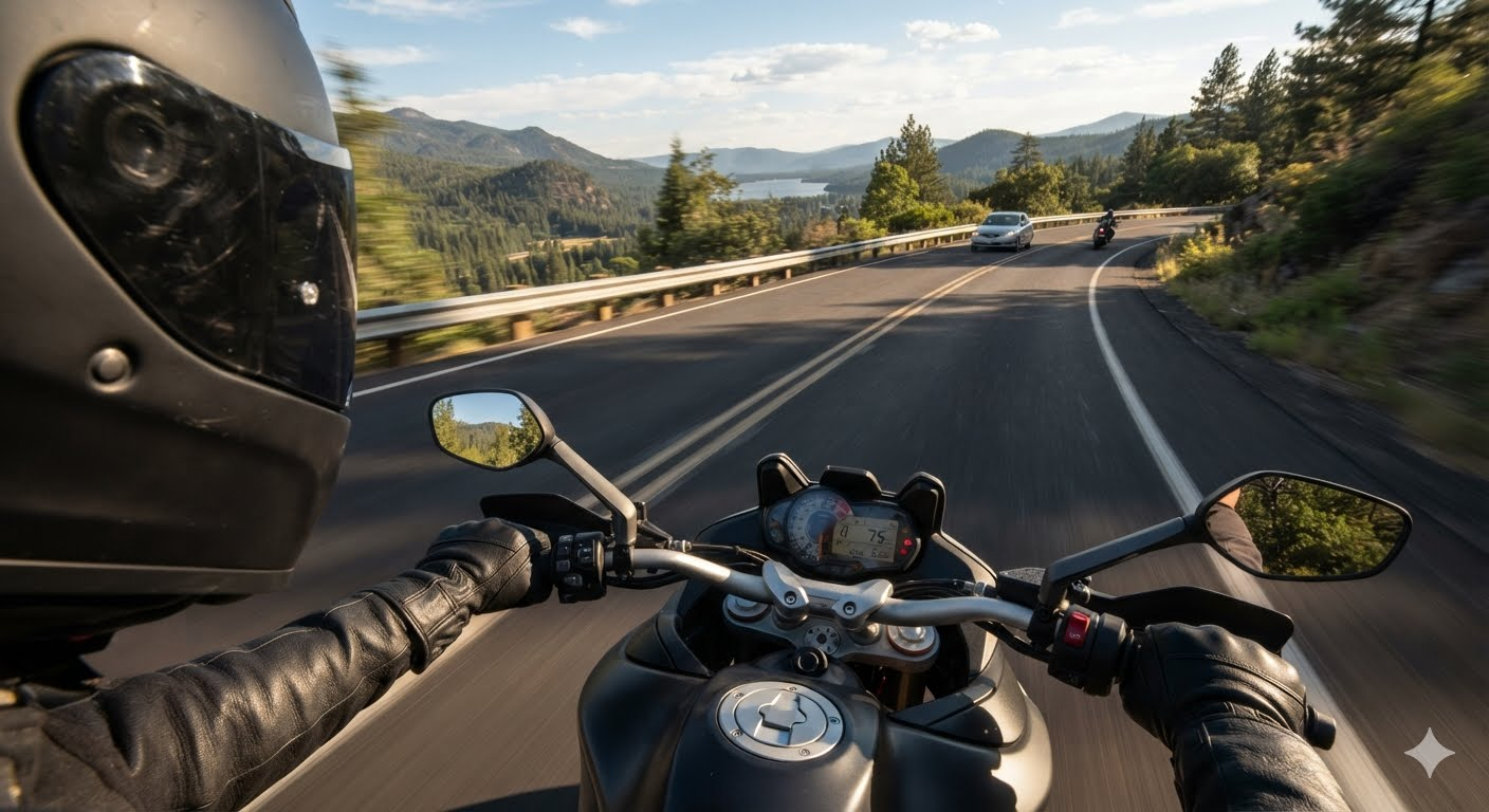 Motorcycle rider on street with curves